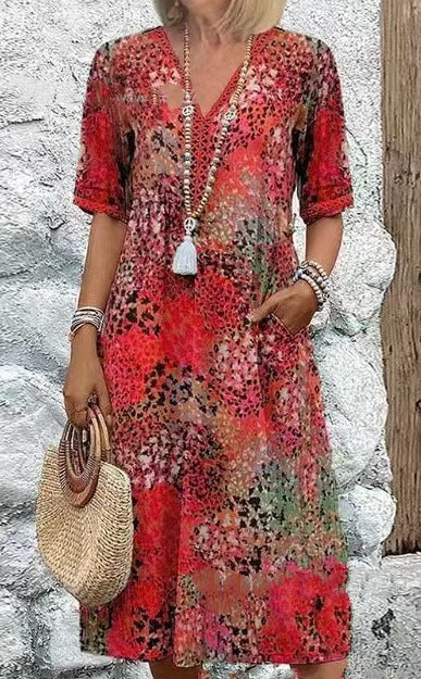 Lace V-neck Short-sleeve Dress For Women