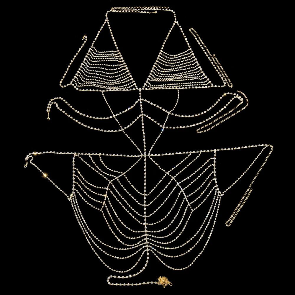 Fashion Luxury Crystal Bodysuit Lingerie Body Chain for Women Bling Rhinestone Body Chain Bikini One Pc Dress Jewelry - Shoppiline