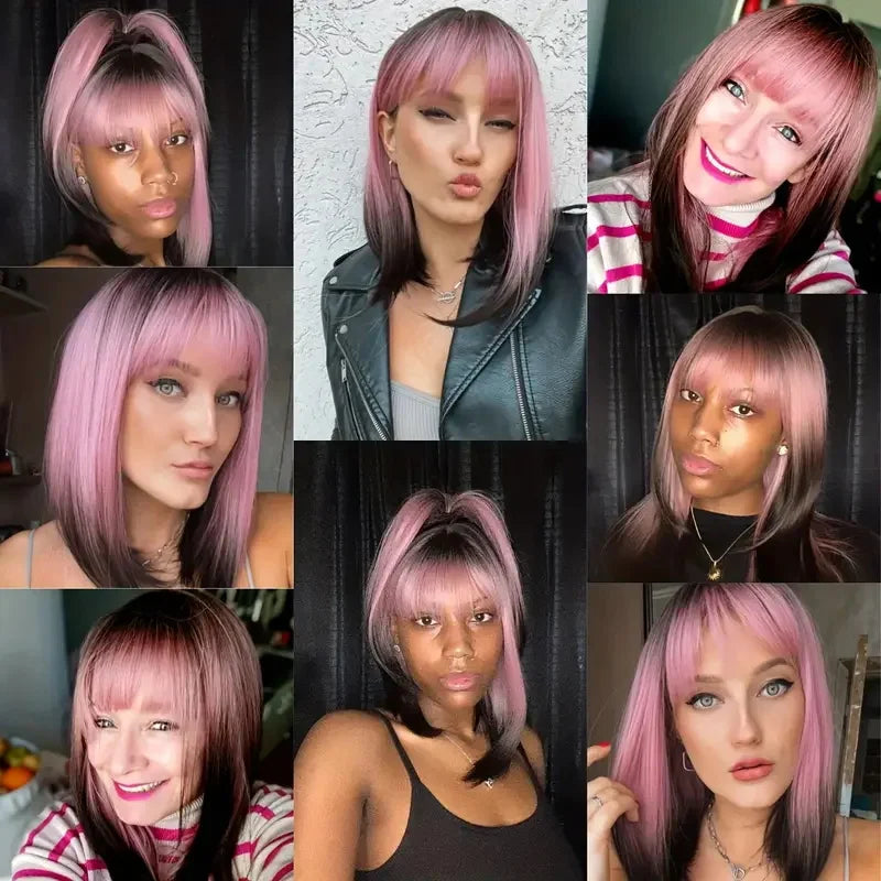 Ombre Pink Black Wigs For Women with Bangs Cosplay Colorful Wigs Synthetic Layered Hair Wigs For Daily Party/Halloween Use