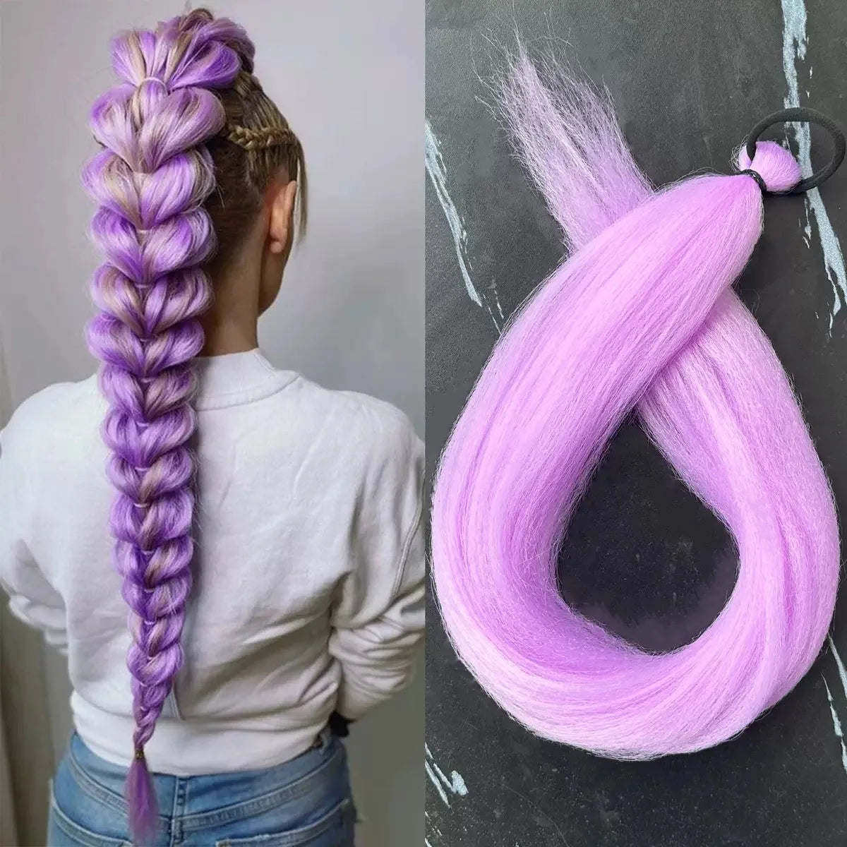 28Inch Synthetic Long Straight Ponytail Purple DIY Braided Ponytail With Rubber Band Halloween Hair Accessories For Woman