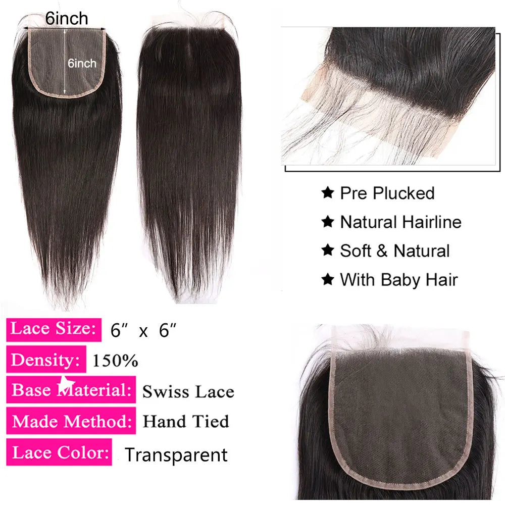 Raides 4x4 5x5 6x6 Closure Dentelle Cheveux Humains Transparents 13x4 13x6 Frontal Dentelle Cheveux Humains Oreille à Oreille Extensions Frontales