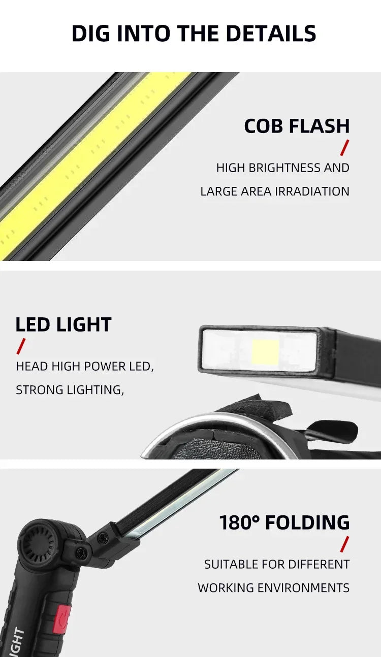USB Rechargeable LED Camping Flashlight with Magnet And Hook Waterproof Work Light 3 Lighting Modes Suitable for Night Work