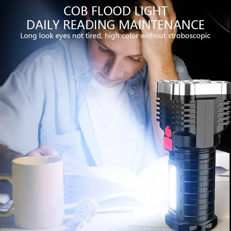 High-Power Rechargeable Flashlight with Side Light, 3 Lighting Modes, Suitable for Camping, Outdoor Activities, and Adventures