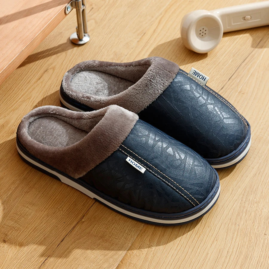 Pu Leather Big Sizes Men slippers Indoor Fur Flat Men's Winter Home Slipper Cotton Bedroom House Shoes