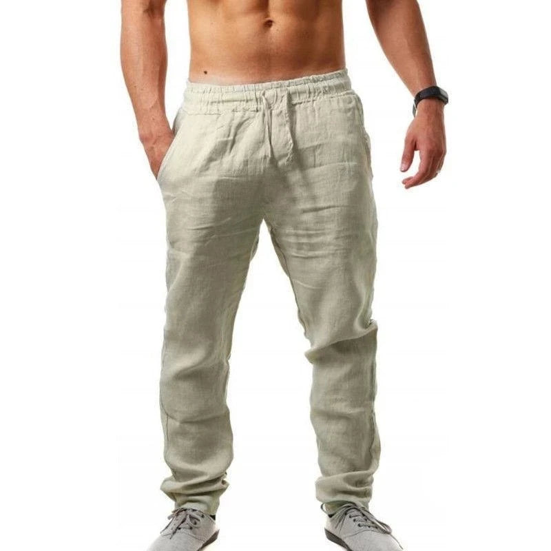 2025 summer men's cotton and linen oversized wide leg pants, men's artistic style elastic waist solid color casual loose pants