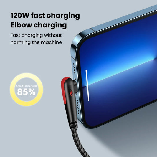 120W USB C Cable 90 Degree For OPPO Fast Charging Cord For Samsung S21 xiaomi 14 iPhone15 Quick Charging Data Wire Charger Cable