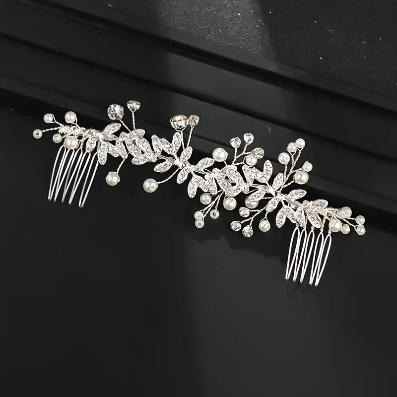 Pince à Cheveux Peigne Cristal Perle Feuille Strass Peigne Bandeau Tiara pour Femmes Mariée Accessoires Cheveux Bijoux Peigne
