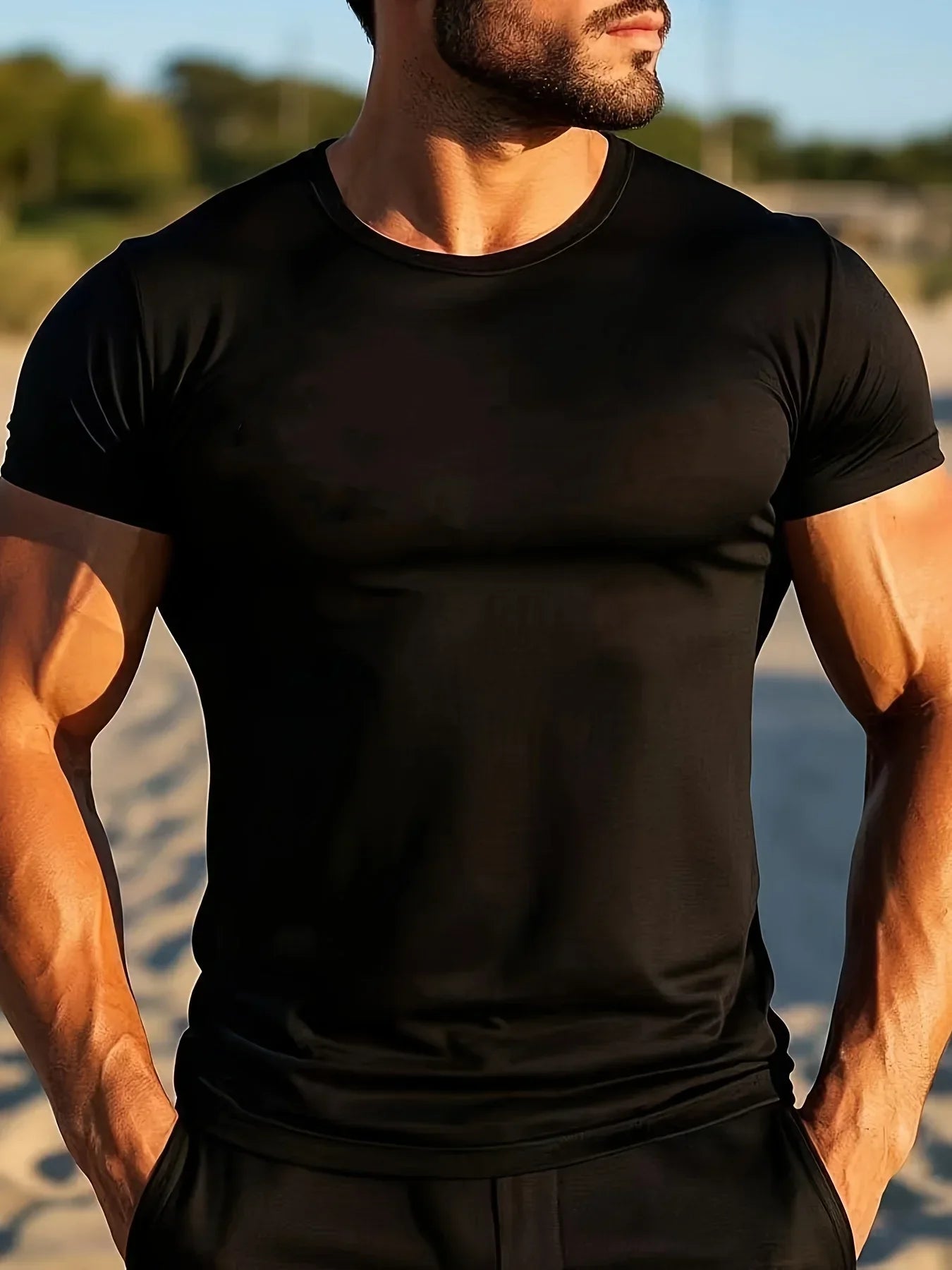 Summer Polyester Short-sleeved T shirt Men's Basic Printed t shirt Simple lines Comfortable thin tee tops Casual Men T shirts