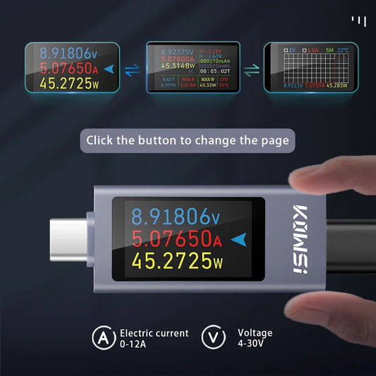 Type-C Multi-function Digital Display DC Voltage Ammeter Power Meter Cell Phone Charging Tester DC 4-30V 0-12A Battery Test - Shoppiline