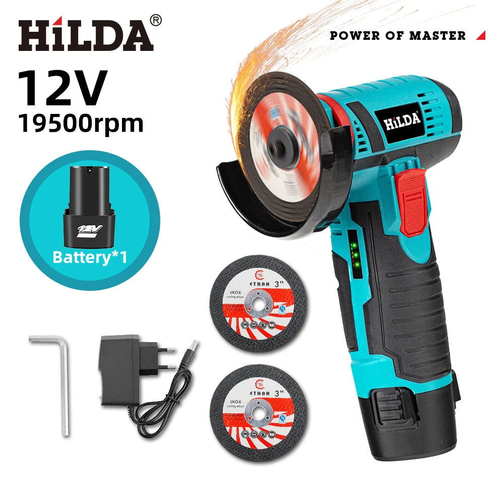 HILDA 3 inch Mini Angle Grinder 12v Cordless Power Tool For Cutting Diamond Polishing And Grinding Rechargeable Angle Grinder - Shoppiline