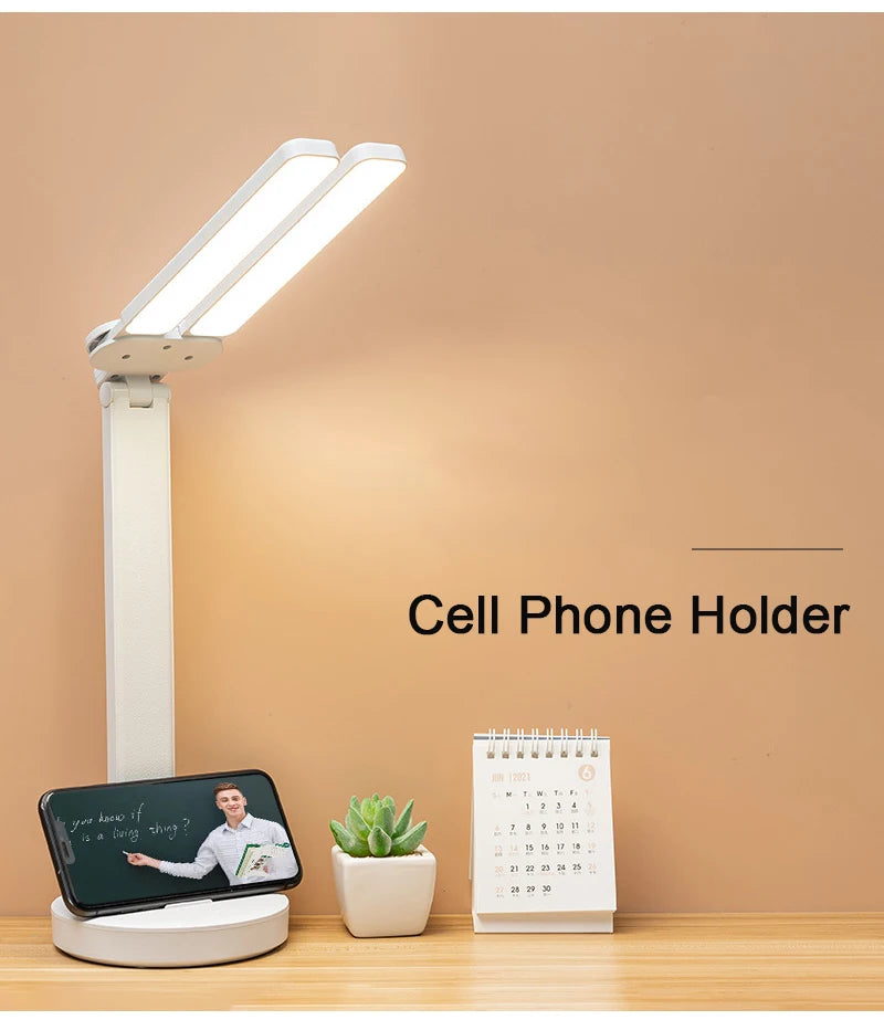LED Table Lamp Double-Headed USB Chargeable Dimmable Desk Lamp with Calendar Clock Foldable Eye Protection Reading Night Light