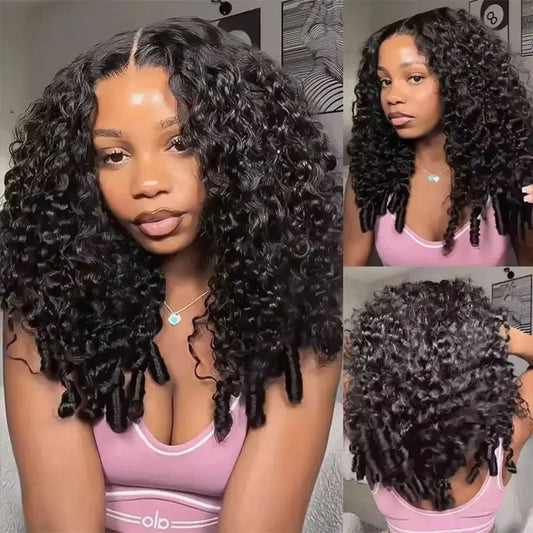 Jerry Curly Half Wig Human Hair Seamless Kinky Curly 3 In 1 Half Wig Glueless Heandband Clip In Wig No Sew In Black Color