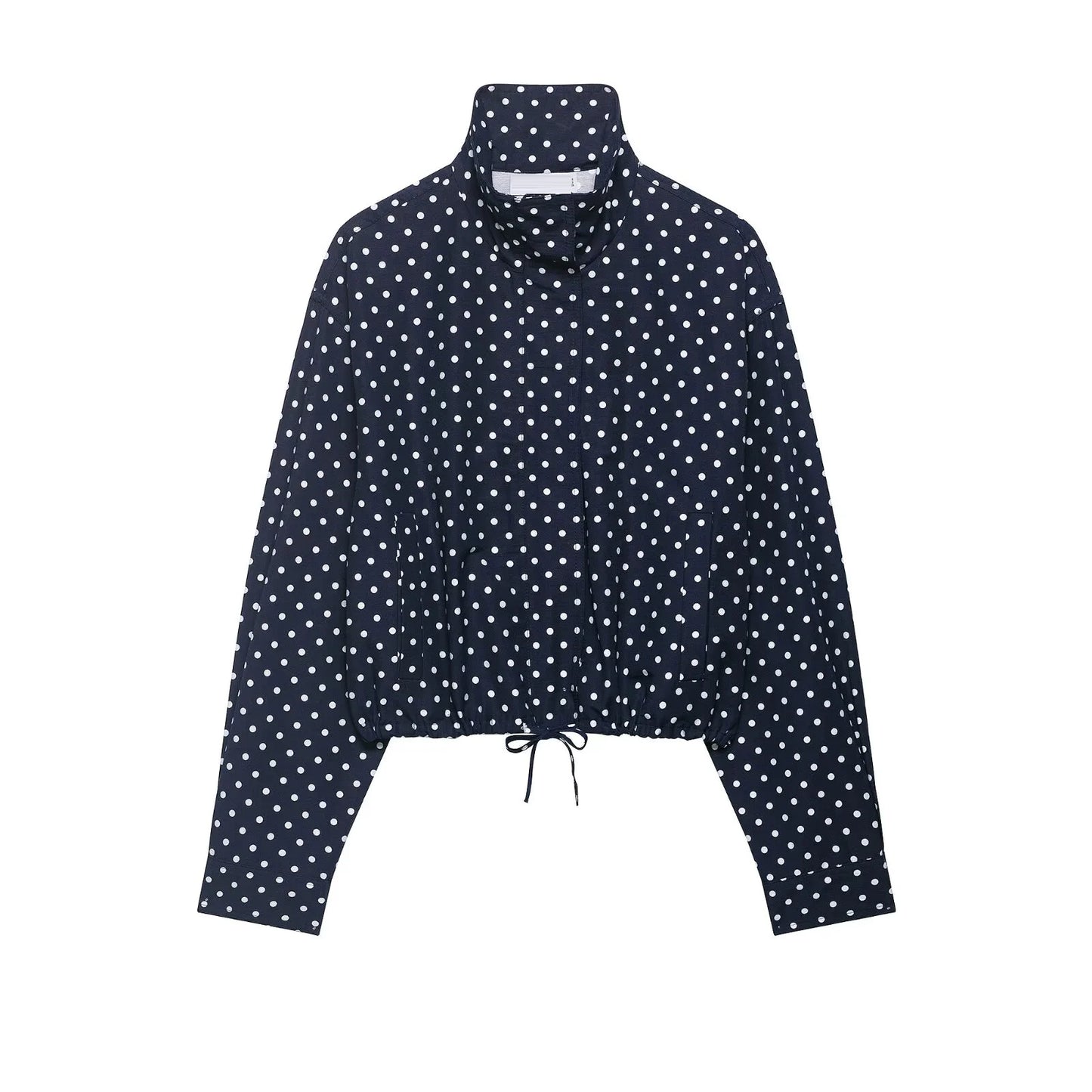 HH Fashion Women's Polka Dot Print Short Coats Autumn Long Sleeves Turtleneck Zipper With Pockets Drawstring Casual Jacket