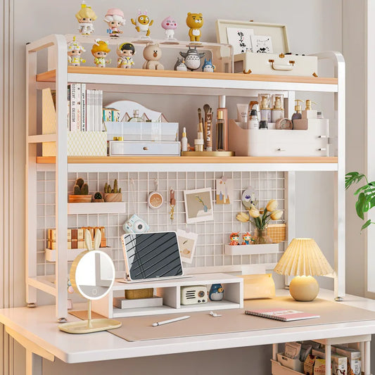 Bookcase Gaming Table Grid Bookshelf Desktop Multi-layer Wrought Iron Shelf Student Computer Desk Table Wooden Shelves Rack