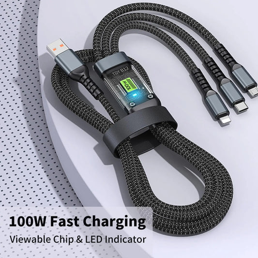 3 In 1 100W Fast Charging Cable Multi USB Type C Micro IP Port Transparent 6A Data Charger Cord for iPhone 15 Samsung Huawei