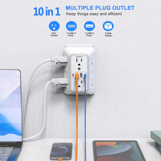 US Multi Socket Wall Socket with 6 AC Outlets 4 USB Port(2 Type C), Universal Plug Power Strip Network Filter Fast Charging - Shoppiline