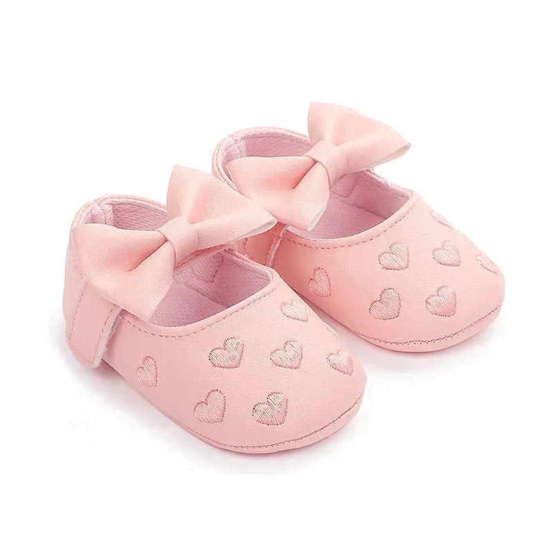 Baby-Mädchen Lauflernschuhe für drinnen 0-18 Monate, weiche Baumwollsohle, rutschfest, mit Schleifenstickerei, Klettverschluss-Schühchen