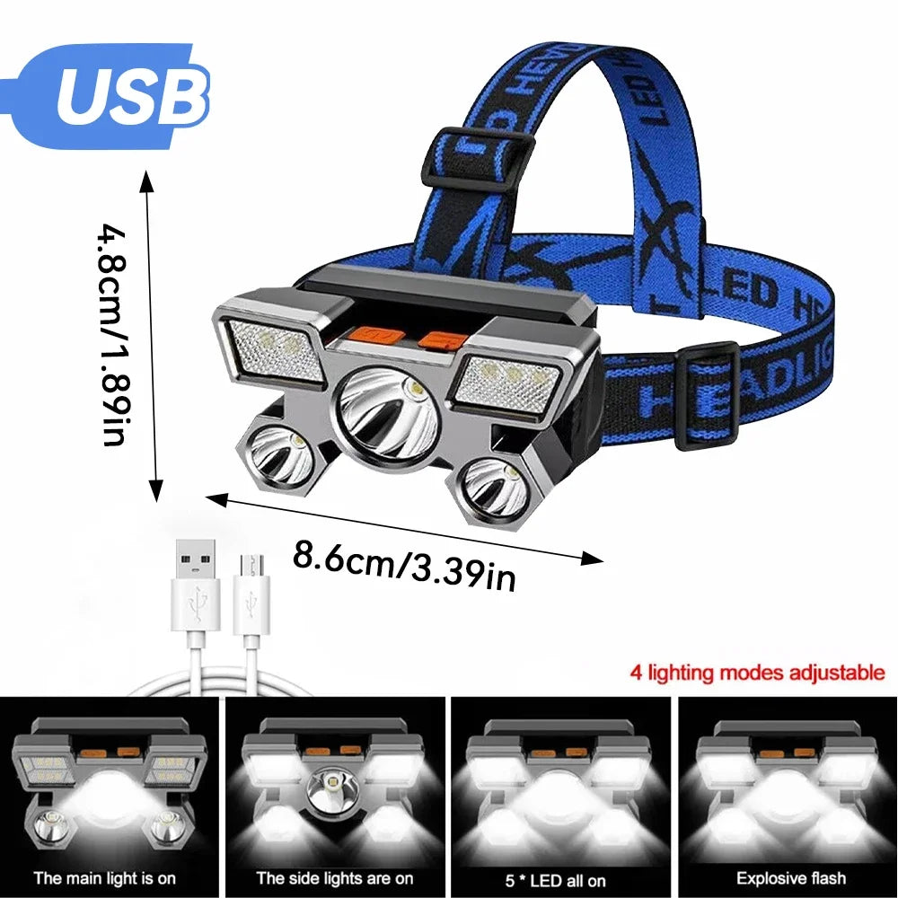 1x Wiederaufladbare Stirnlampe, Tragbare 5LED Scheinwerfer-Taschenlampe, Tragbare Arbeitsleuchte, Angeln Camping Stirnlampe für Reisen, Camping