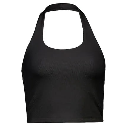 Women's Ribbed Halter Neck Crop Tank Top Sleeveless U-Neck Backless Slim Fit Solid White Knit Cami Summer Casual Basic Y2K