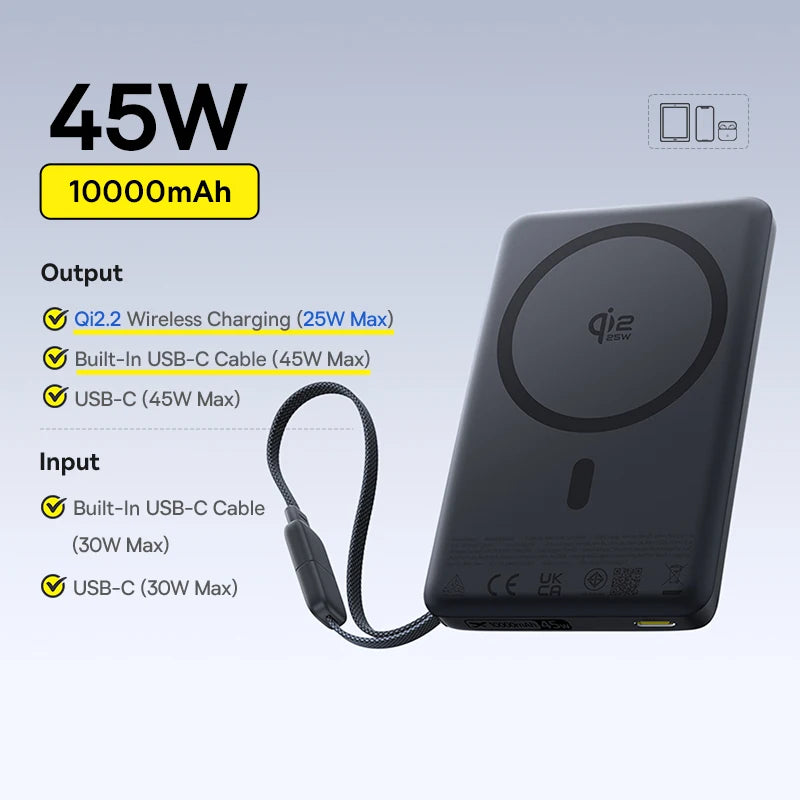 Baseus Qi2 Magnetic Power Bank 10000mah 15W Wireless Charging 22.5W Wired Charge Qi2-Certified for iPhone 16 15 14 13 12 Pro Max - Shoppiline
