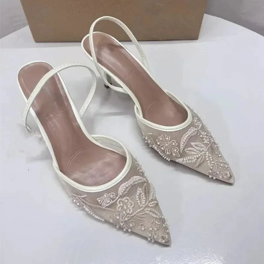 Woman Designer Mesh Open Heel Sandals Shoes Fashion Print Pointed End Women High-heel Pumps Sexy Stiletto Lady Mules