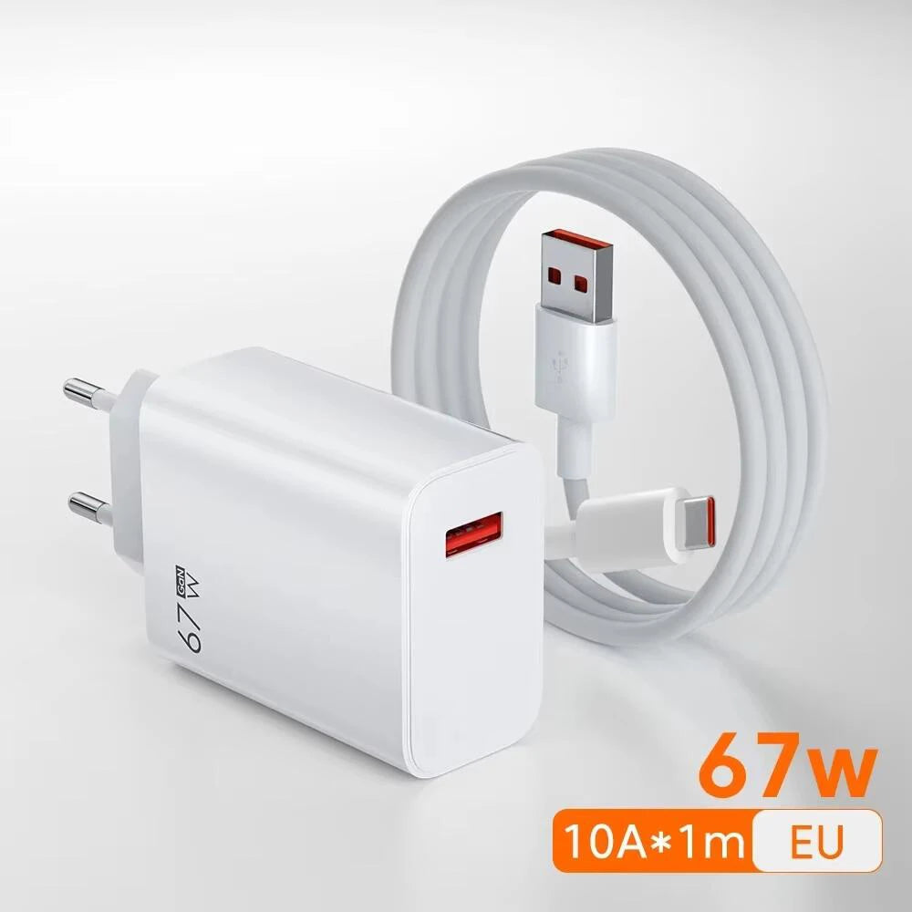 67W USB GaN Charger Fast Charging EU/US/UK Plug Charger Adapter 10A Type C Cable For iPhone Samsung Xiaomi Huawei Quick Charger - Shoppiline