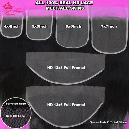 Queen Hair Real HD Frontal/Closure Only Invisible Melt Skin Lace 13x6 13x4 4x4 4x6 5x5 6x6 7x7 Raw Human Hair Body Wave/Straight