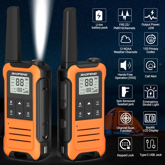 2pcs Baofeng F22 Mini Walkie Talkie PMR Long Range Rechargable Portable Kids Two Way Radio Type-C Charger for Camping Trip - Shoppiline