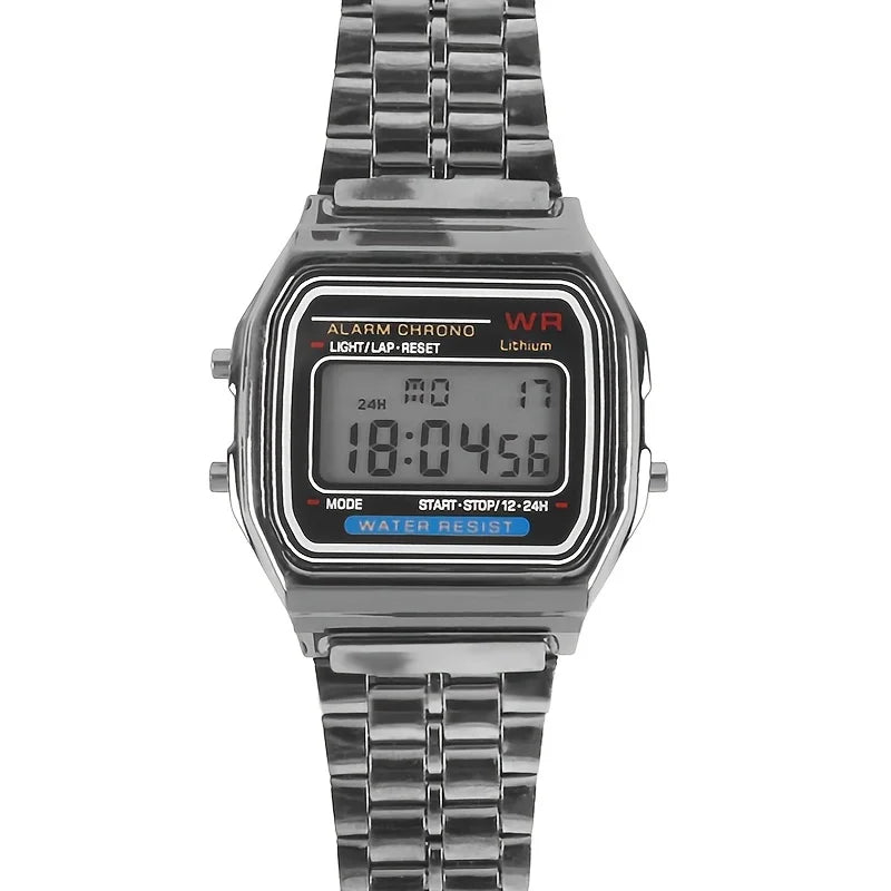 F91W Nicht wasserdichte Stahlbanduhr für Damen, Herren, Business-Uhr, multifunktionale LED-Digital-Sportuhr, elektronische Uhr