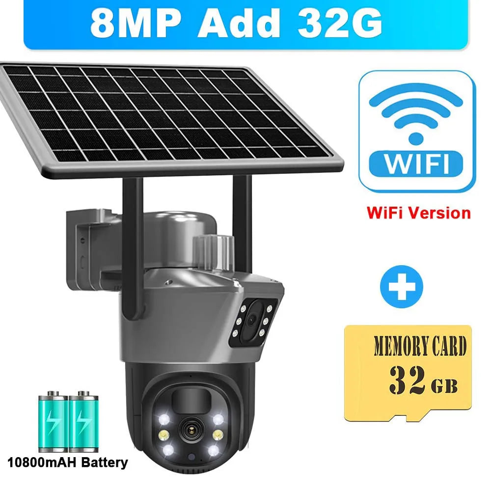 8MP 4K WiFi Solar Camera Outdoor Wireless CCTV Surveillance Camera With Solar Panel Dual Lens PTZ IP Cam Security Protection - Shoppiline