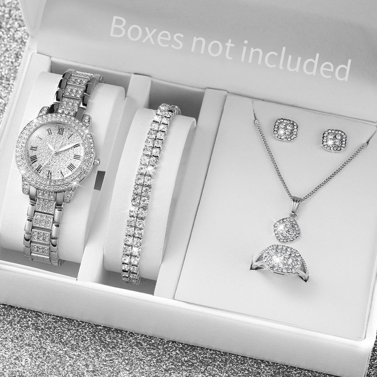 6 STÜCK Mode Volldiamant Damenuhr Gold Stahlarmband Analog Quarz Uhren Schmuckset (ohne Box)