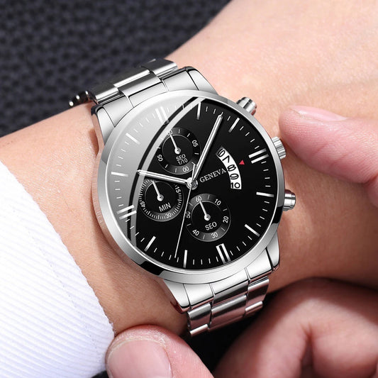 2PCS Men Business Watches Fashion Steel Band Quartz Watch Male Calendar Watch Bracelet Relogio Masculino(Without Box)