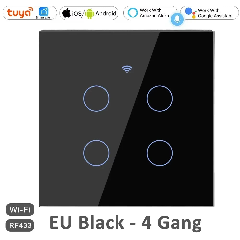 EU WiFi RF 433mhz Smart Wireless Touch Wall Light 1/2/3/4 Gang with Switch with no Neutral EUWork With Tuya Alexa Google