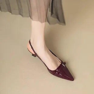 2025 French Pointed Sandals Burgundy Patent Crisscross Straps Metal Decor Slim Heel Open-Back Fairy Sandals