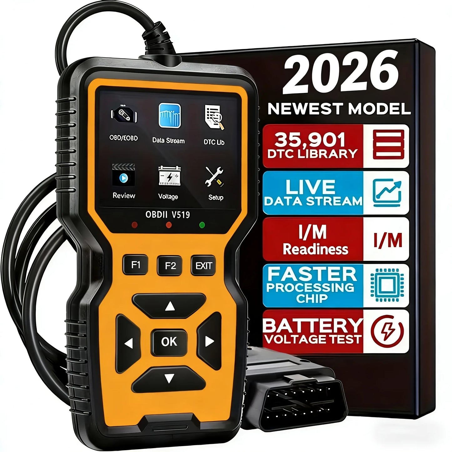 V519 Professional Obd2 Scanner - Usb-Powered Car Diagnostic Tool with Real-Time Data Stream, Full-Featured Obd Ii Testing (I/M Ready, Bod2/Eobd), Clears Engine Fault Lights, Reads/Erases Codes for Most Vehicles, Car Maintenan