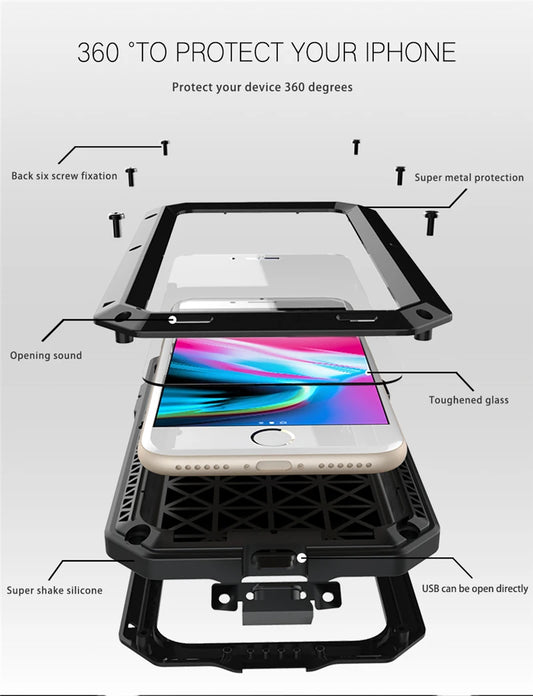 Heavy Duty Protection Armor Metal Aluminum Case for iPhone 16 15 14 13 12 mini 11 Pro 7 8 Plus XS Max XR SE 16e Shockproof Cover - Shoppiline