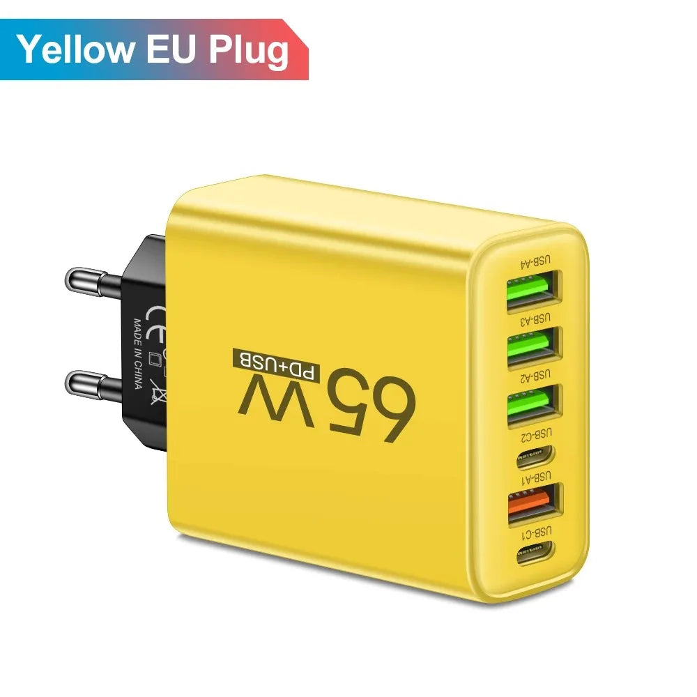 65W 6 in 1 USB Charger Type C Fast Charging Phone Wall Charger Adapter For iPhone Samsung Xiaomi Huawei EU/US Plug Quick Charger