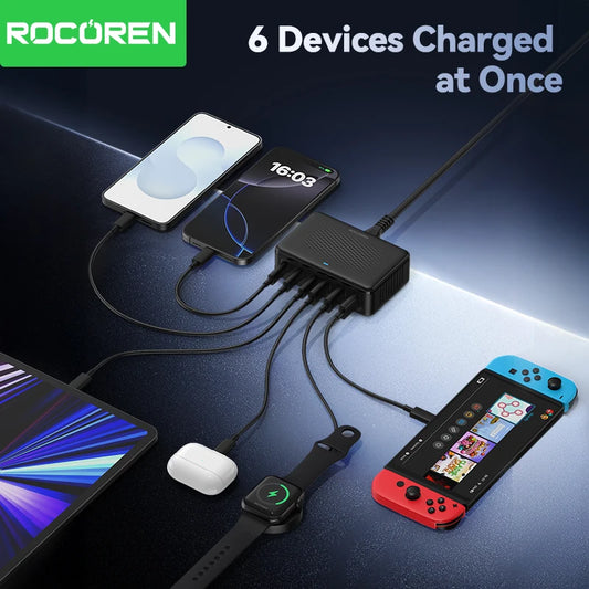 Rocoren USB Charger 100W GaN Charging Station 6-ports Desktop Fast Charging Type C Portable Power Station For iPhone 17 Xiaomi - Shoppiline