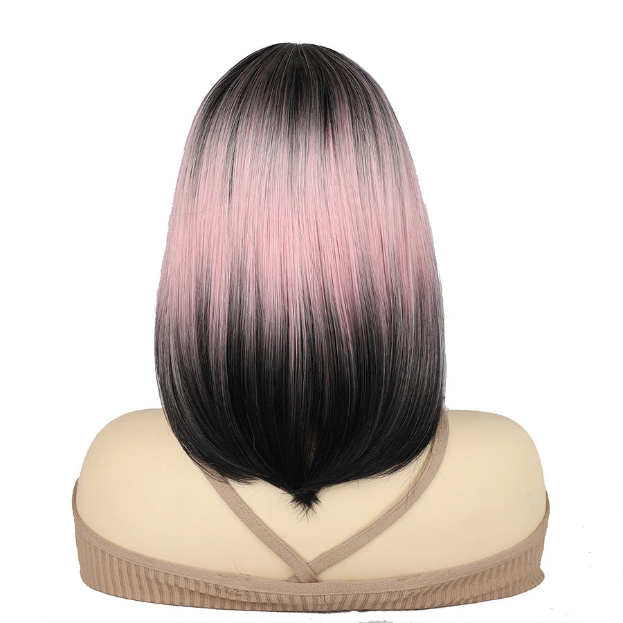 14 Inch Chic Short Straight Pink to Black Gradient Wig with Bangs Synthetic Hair for Women, Perfect for Party Daily Use
