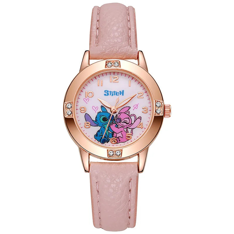 New Cartoon Pattern Stitch Girls Watches for Kids Leather Strap Children Watch with Rhinestone Dial reloj stich Exquisite Gift