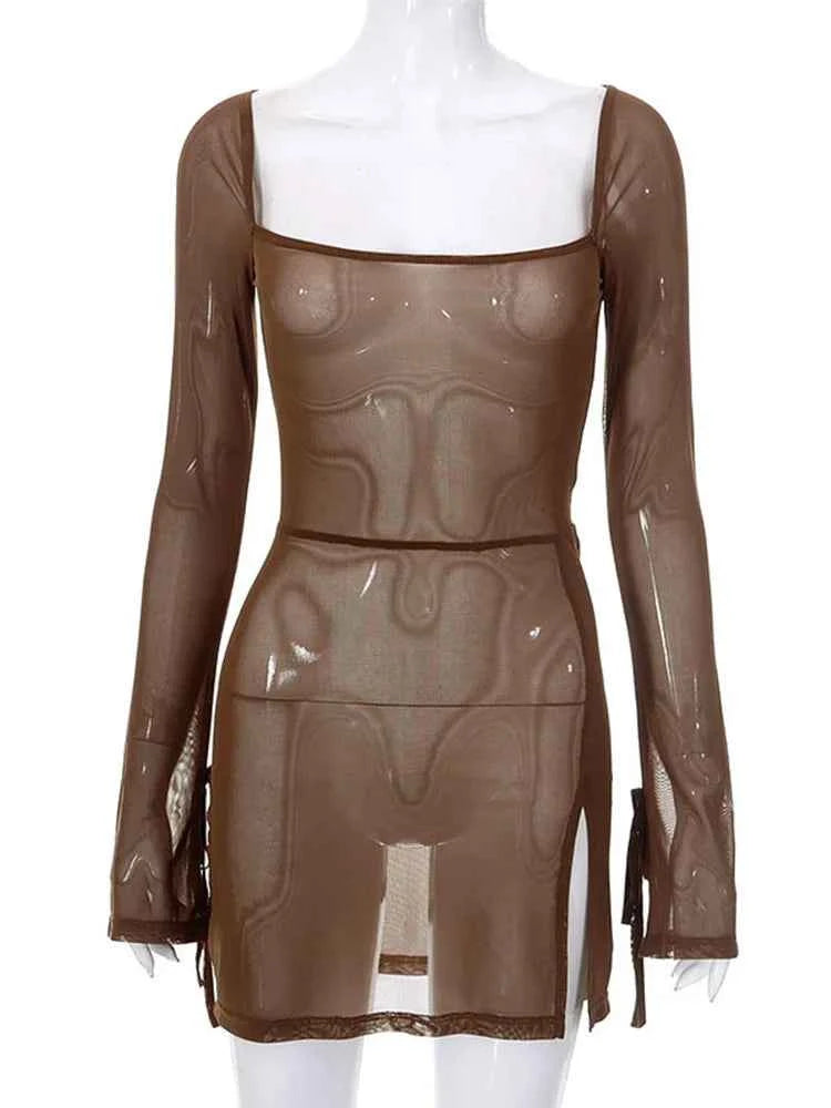 Women's Square Collar Mini Dress Y2K Gauze Long Sleeve Sheer Sexy Night Outfit Clubwear Solid Color