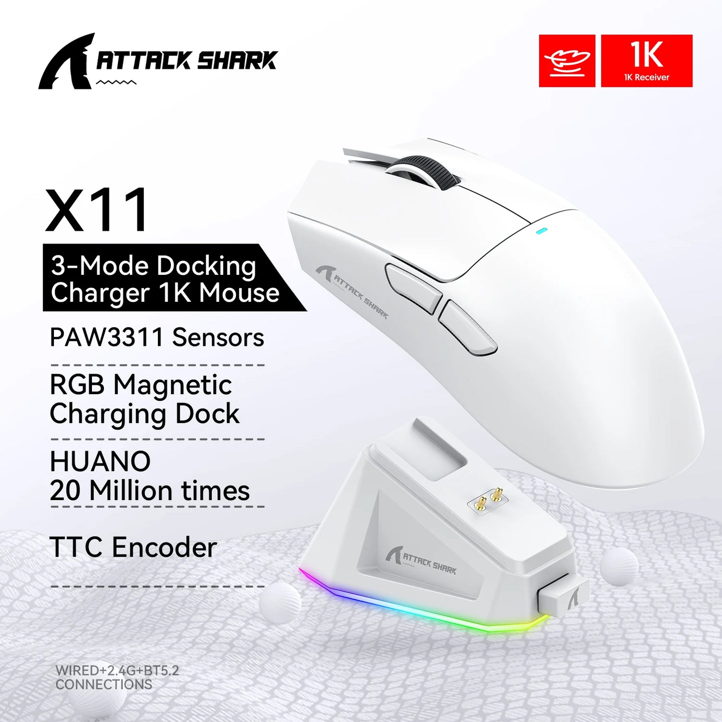 Attack Shark X11 X11SE Wireless Gaming Mouse 3-Mode , PAW3311, 22000DPI, 400IPS, PC Gaming Mouse