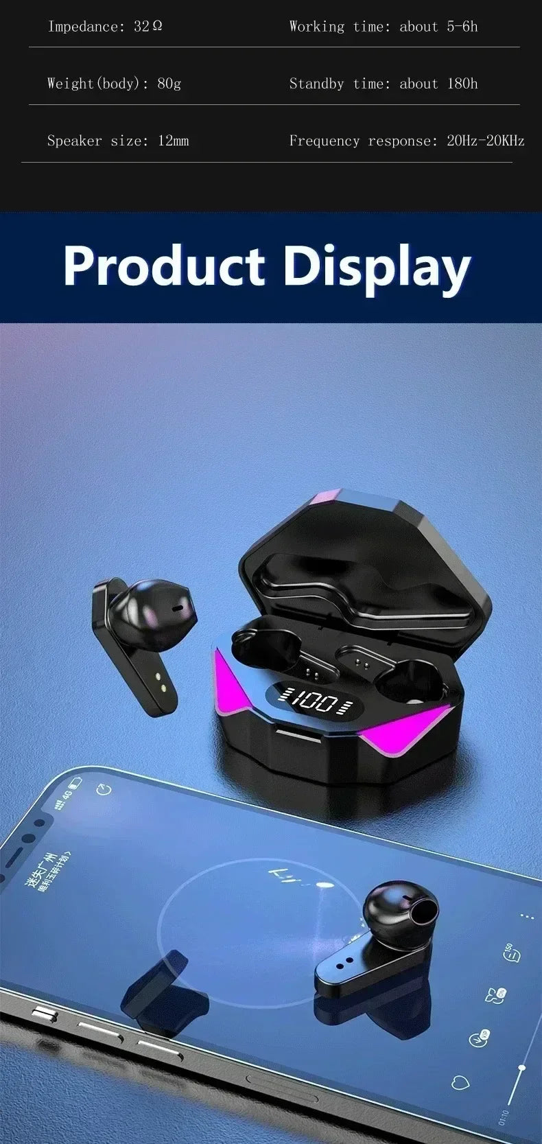 Bluetooth TWS Gaming Earphones Low Latency Wireless In-Ear Headphones With Built-in Mic LED Indicator Lights