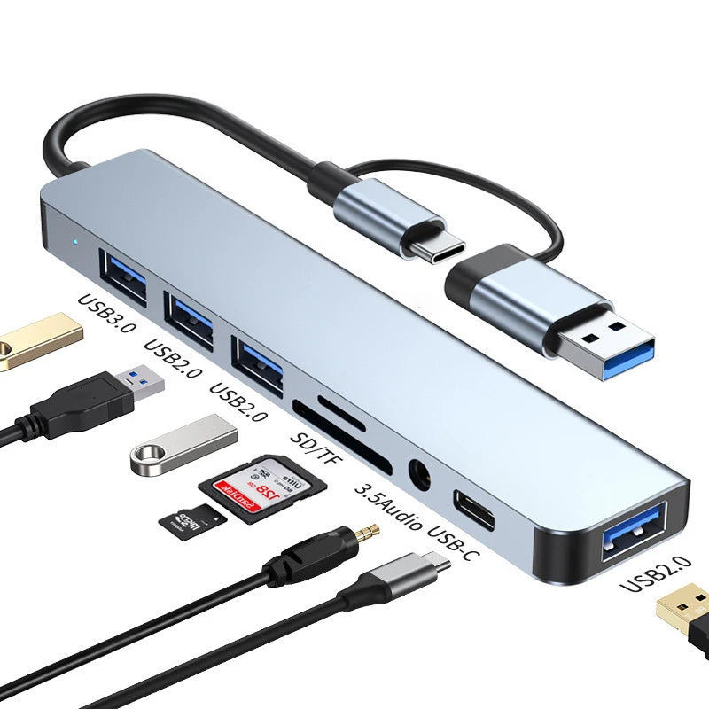 8-in-2 USB-C-Hub-Dockingstation mit 3,5-mm-Audiobuchse, Micro-SD-Kartenleser, Laptop-, Tablet-, Telefon- und Festplattenkonverter