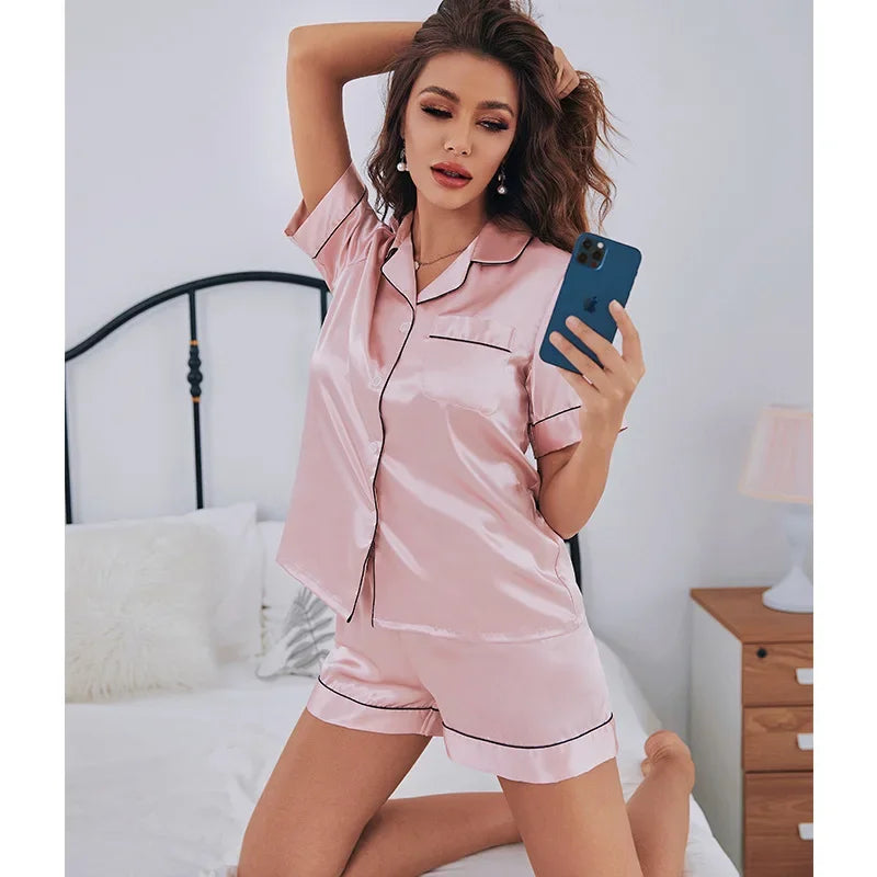 Short Sleeve shorts set ladies home wear women's silk pajamas Ice Silk breathable comfortable top pants set