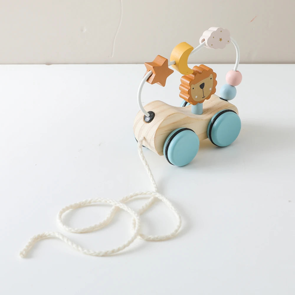 Montessori Holz Baby Anhänger Spielzeug Multifunktionale Bunte Cartoon Bausteine Ziehen Auto Eltern Kind Spielzeug Baby Geschenk