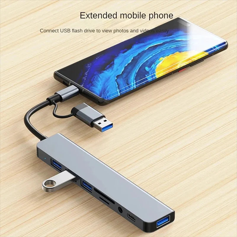 USB C Hub USB Splitter 8-in-1 USB Extender mit 4 USB-Anschlüssen, 1 USB-C-Anschluss, TF/SD-Kartenleser, Audioausgang, kompatibel für MacBook