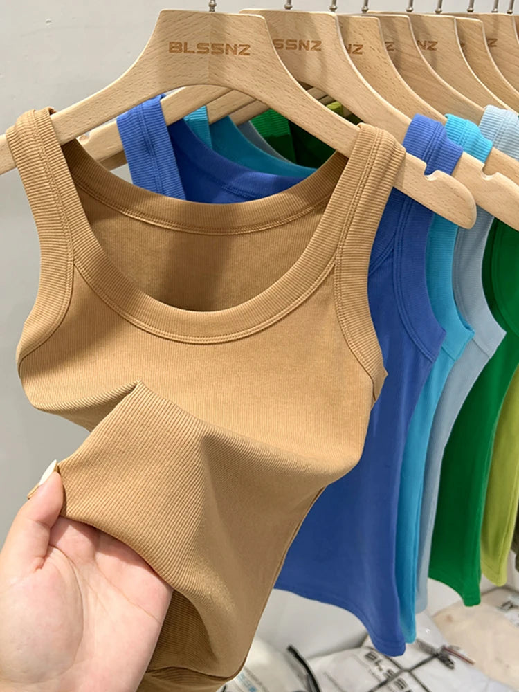 zjaiss Women Solid Round Neck Ribbed Tank Top Camisole Women 2026 Summer Basic Elastic Tank Top O Neck Solid Tank Top