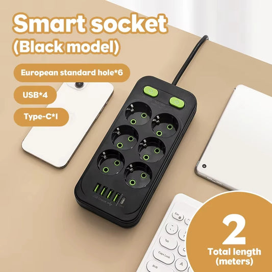 EU Plug AC Outlets Multitap Socket 2M Extension Cord Electrical Power Strip USB Type C Fast Charging Network Filter Adapter 1pc