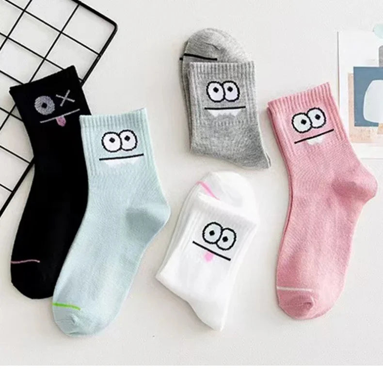 5 Pairs Cute Expression Print Socks – Comfy Funny Mid-Calf Crew Socks, All-Match Women’s Cotton Rich Casual Socks